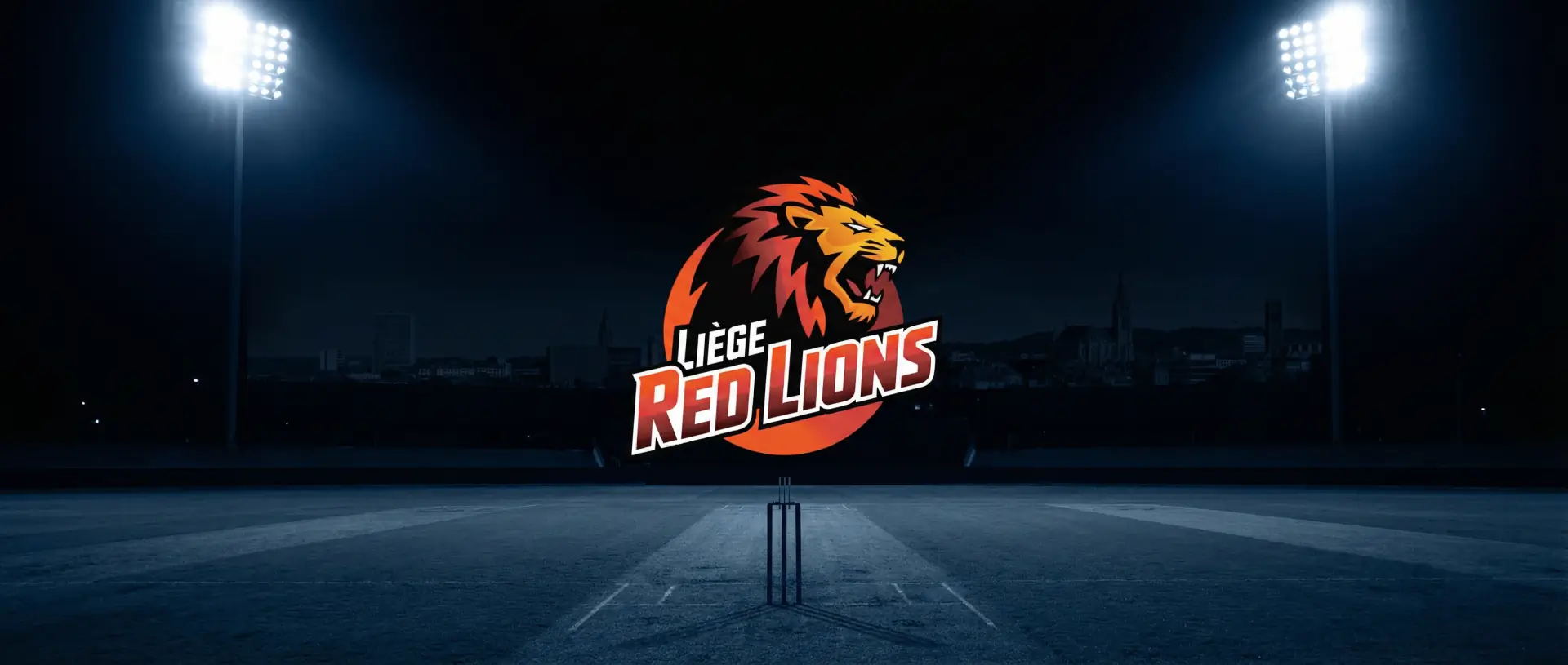 Official Liège Red Lions logo centered over a dark blue night stadium with subtle city skyline.
